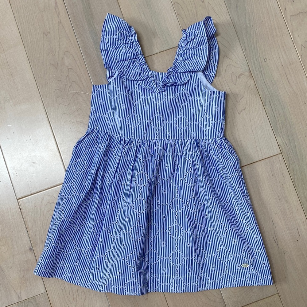 Tartine et chocolat girls white blue eyelet ruffle sleeve dress